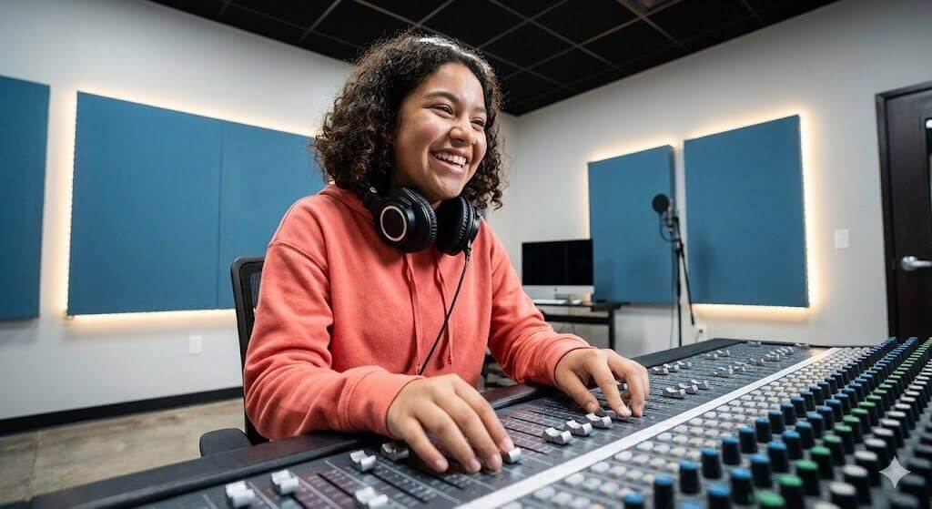 Student learning audio production