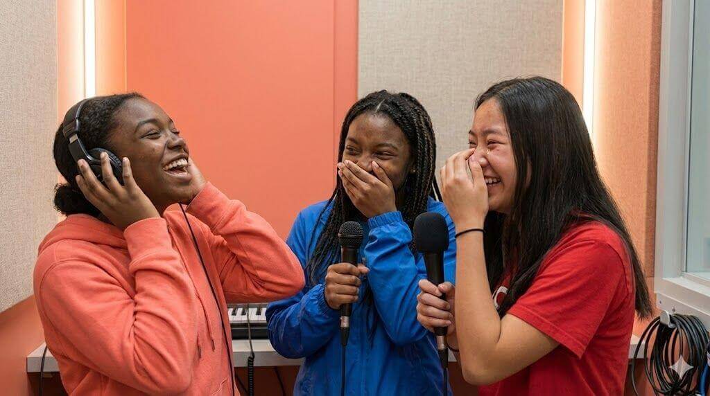 Students recording a podcast